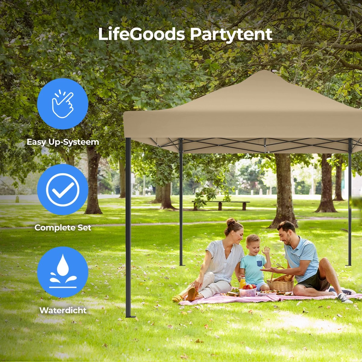 LifeGoods Partytent - 3x4.5 M - Zijwanden - Easy Up - Opvouwbaar - Waterdicht - Draagtas Met Wieltjes - Beige - Image 8