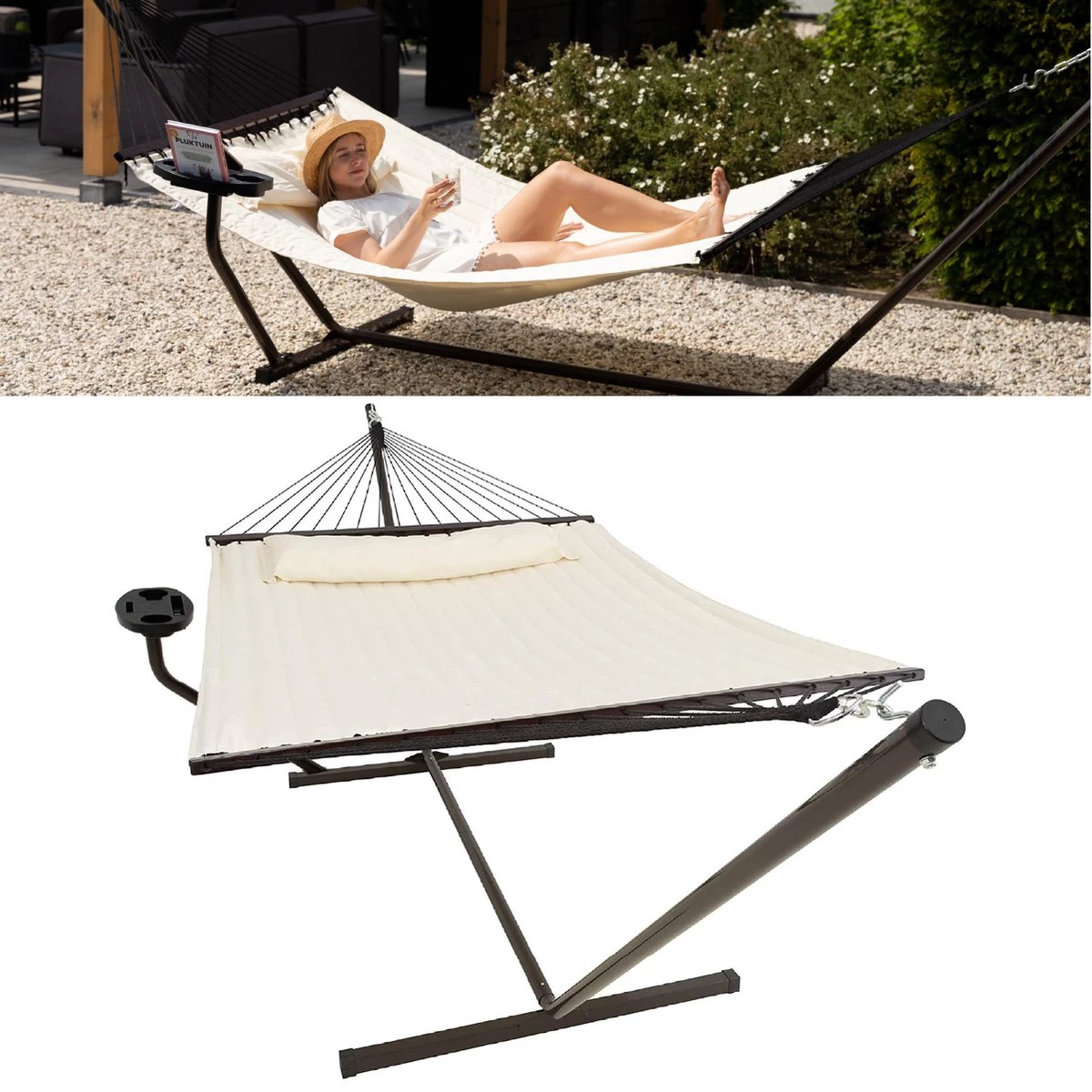 Vita5 Hangmat Met Standaard En Spreidstok – 2 Persoons – Incl. Bekerhouder - Afneembaar Kussen – Uv-bestendig – Beige