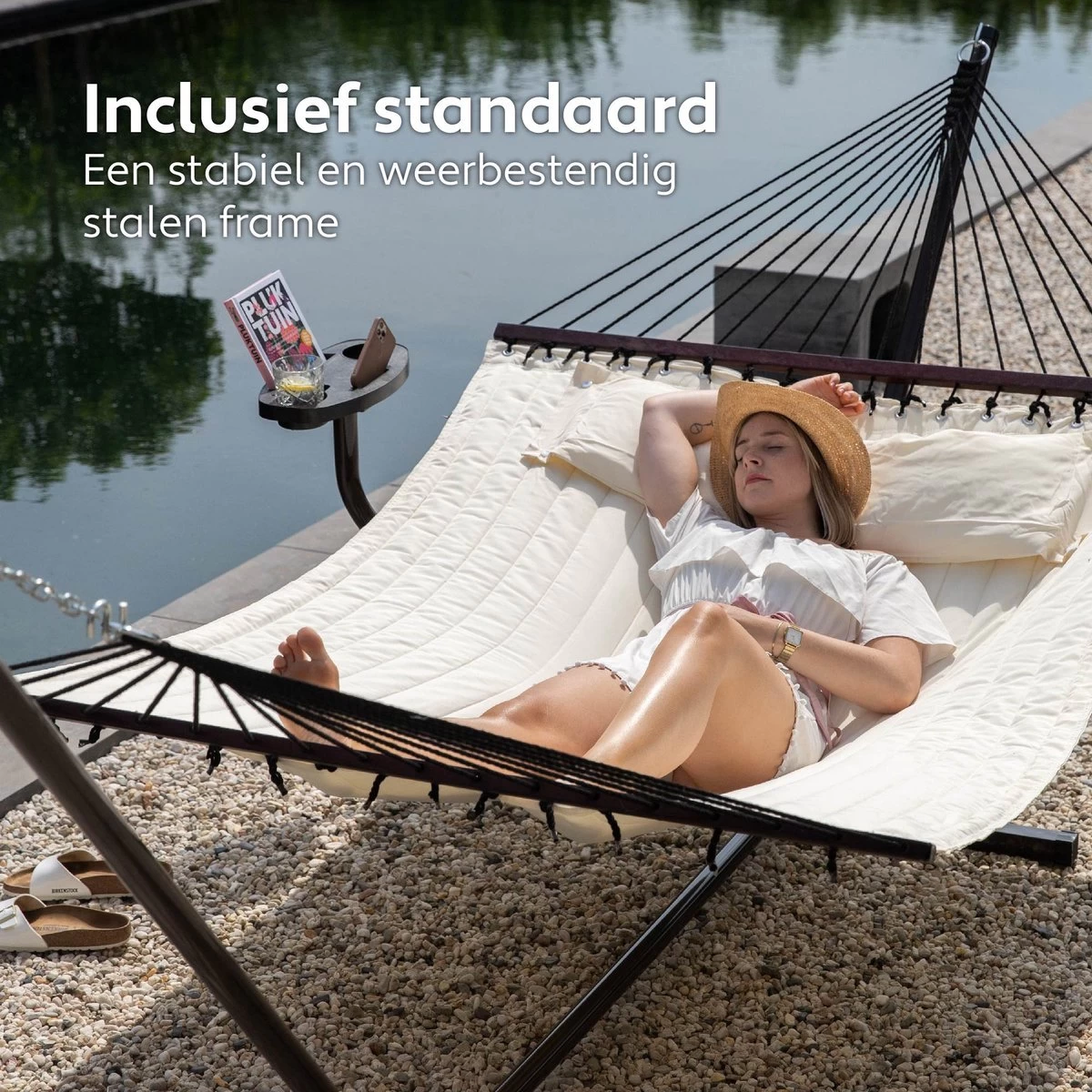 Vita5 Hangmat Met Standaard En Spreidstok – 2 Persoons – Incl. Bekerhouder - Afneembaar Kussen – Uv-bestendig – Beige - Image 3
