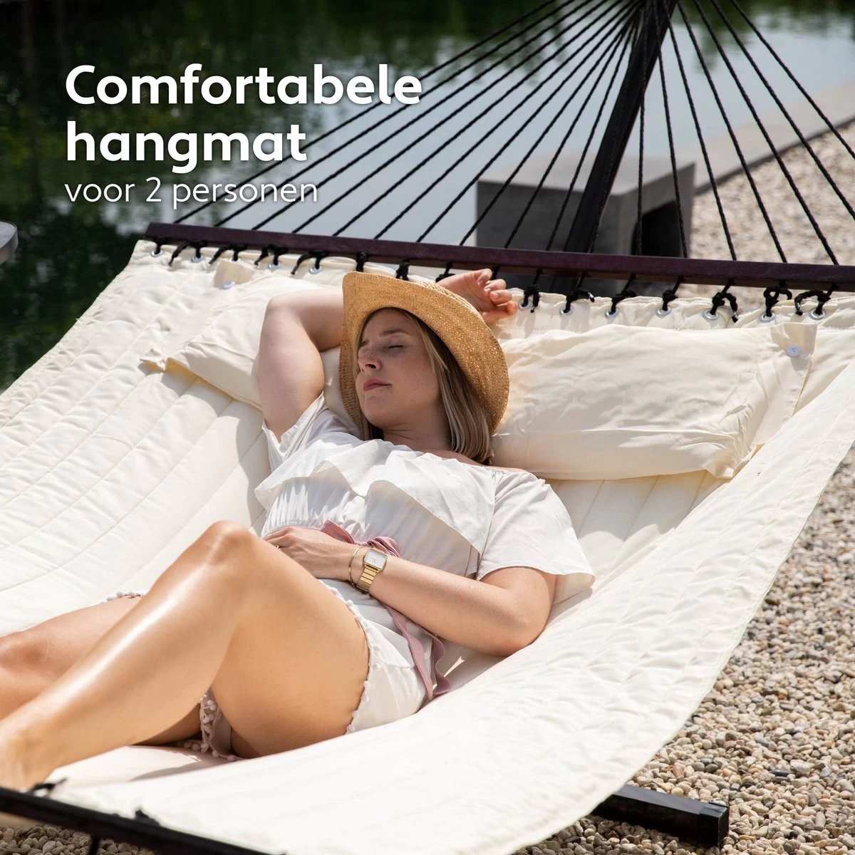 Vita5 Hangmat Met Standaard En Spreidstok – 2 Persoons – Incl. Bekerhouder - Afneembaar Kussen – Uv-bestendig – Beige - Image 4