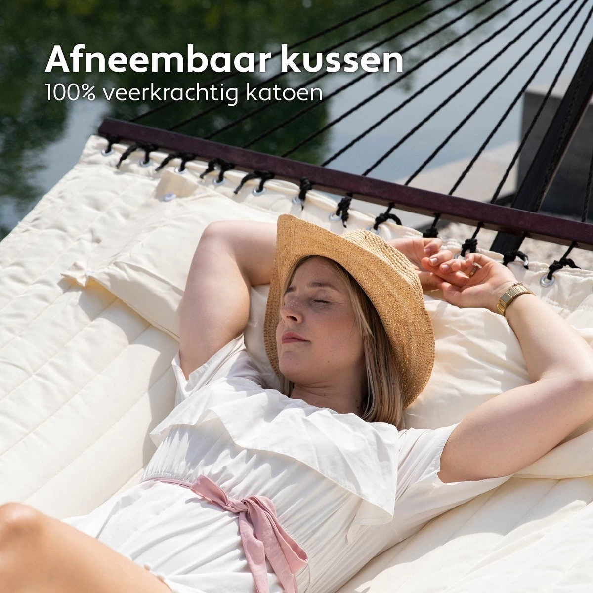 Vita5 Hangmat Met Standaard En Spreidstok – 2 Persoons – Incl. Bekerhouder - Afneembaar Kussen – Uv-bestendig – Beige - Image 5