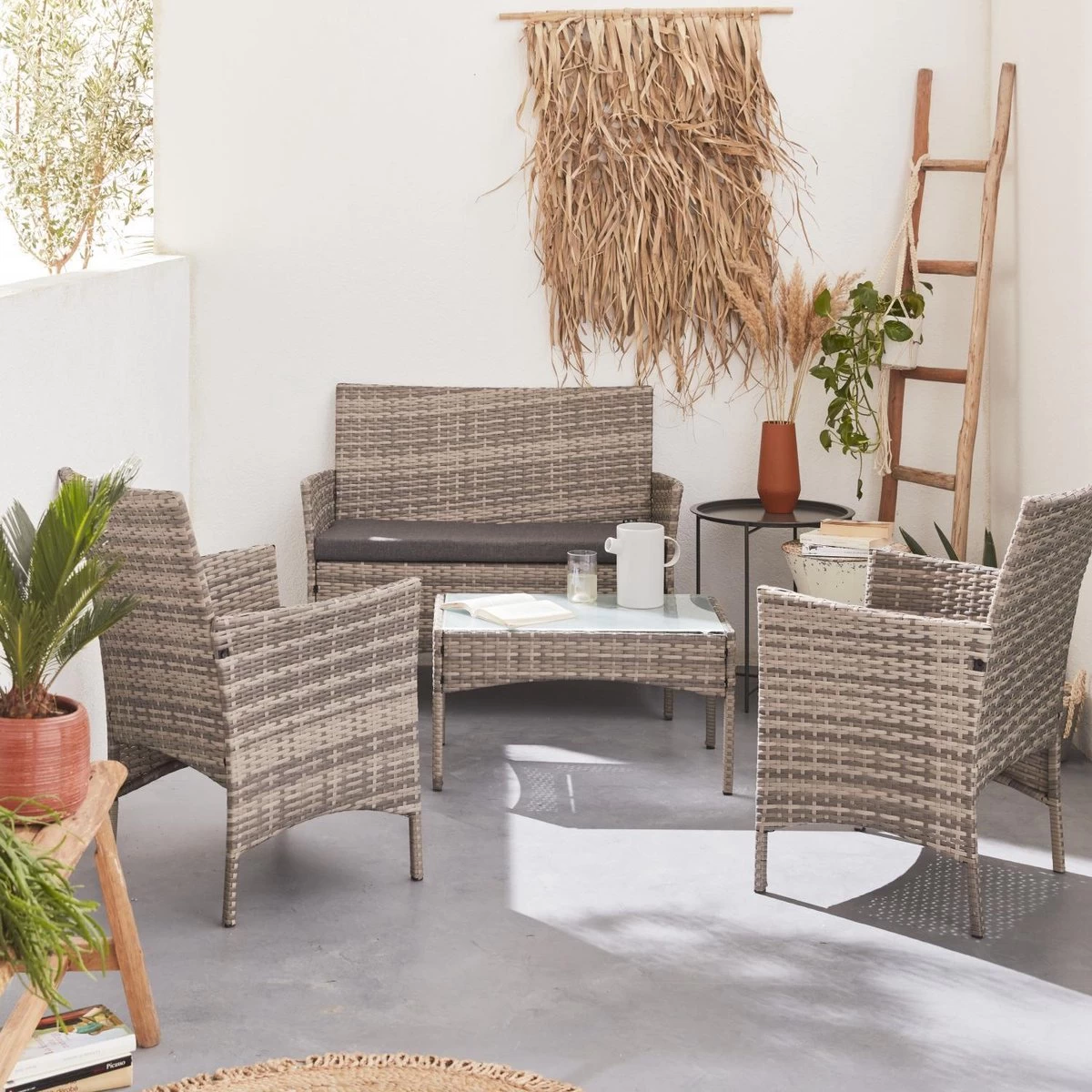 Alice's Garden Loungeset Moltès - 4 Plaatsen - Wicker - Kleine Set - Tinten Grijs/grijs