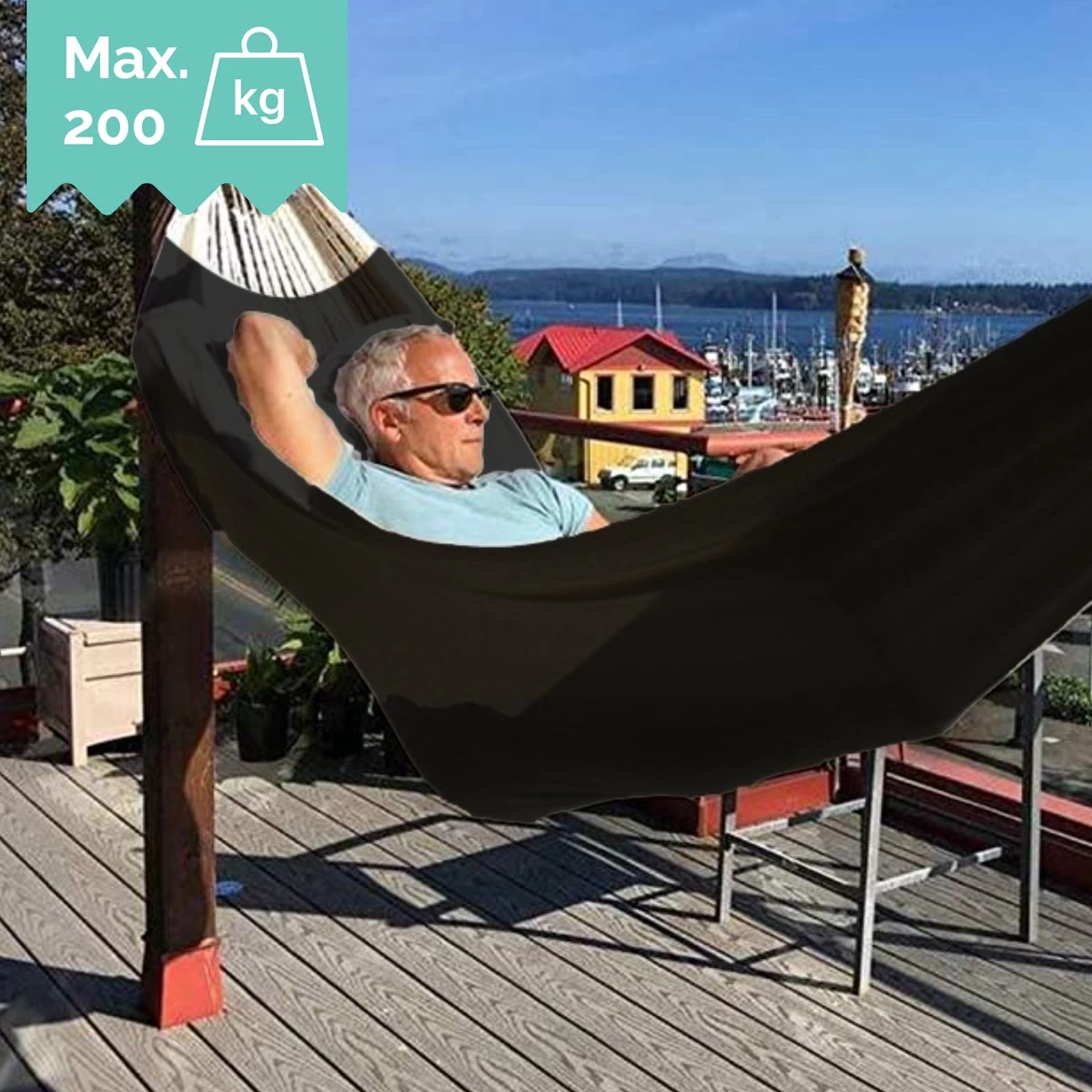 Dubbele Hangmat Zwart Met Spreidstok - 1 Of 2 Persoons - Lig Oppervlak 190x150cm - Lengte 260cm - Image 5