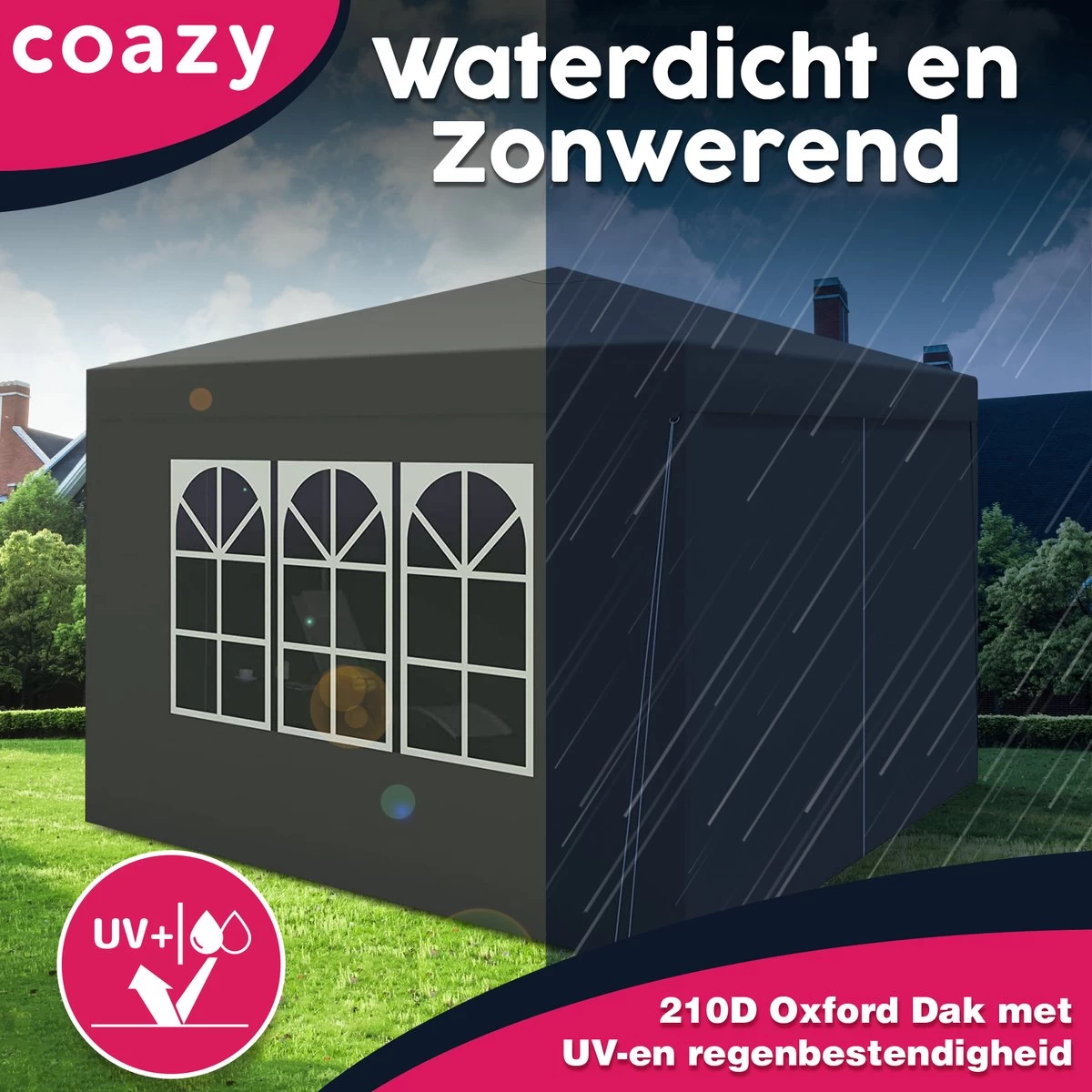 Waterdichte Partytent 3x3 Meter Opvouwbaar Met Zijwanden- Paviljoen Met Zijpanelen - Easy Up - Pop-up Tent Met Haringen, Touw En Anti Slip Poten - Image 5