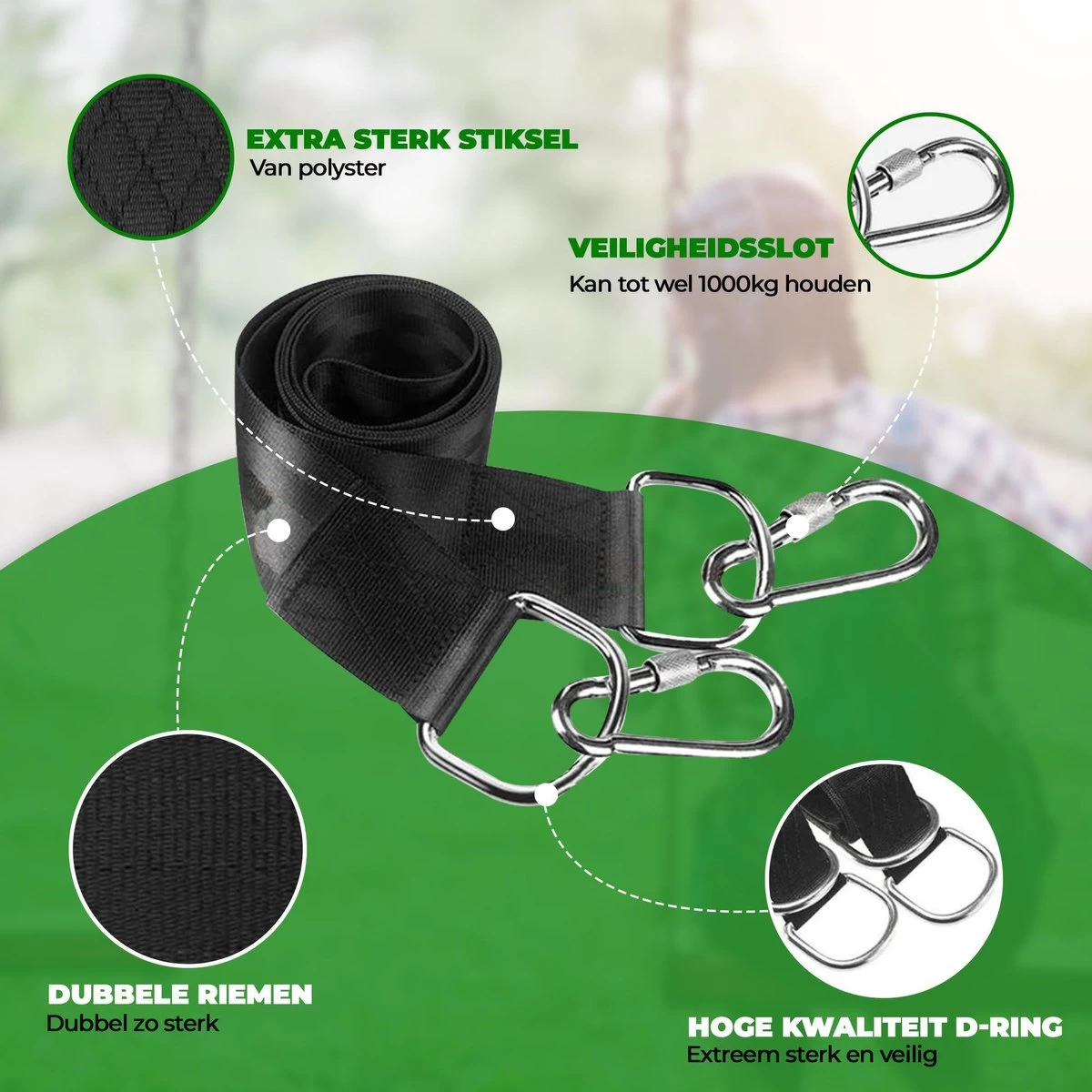 4House Ophang Koord Voor Hangmat, Hangstoel / Schommel - Hangmat Bevestigingsset Inclusief Haken - Karabijnhaak - Hangmat Standaard -Schommelophangset - Hangmat Ophangsysteem -150cm - Tot 1000kg - Boomvriendelijke Hangmat Ophangset - Set Van 2Stuks - Image 2