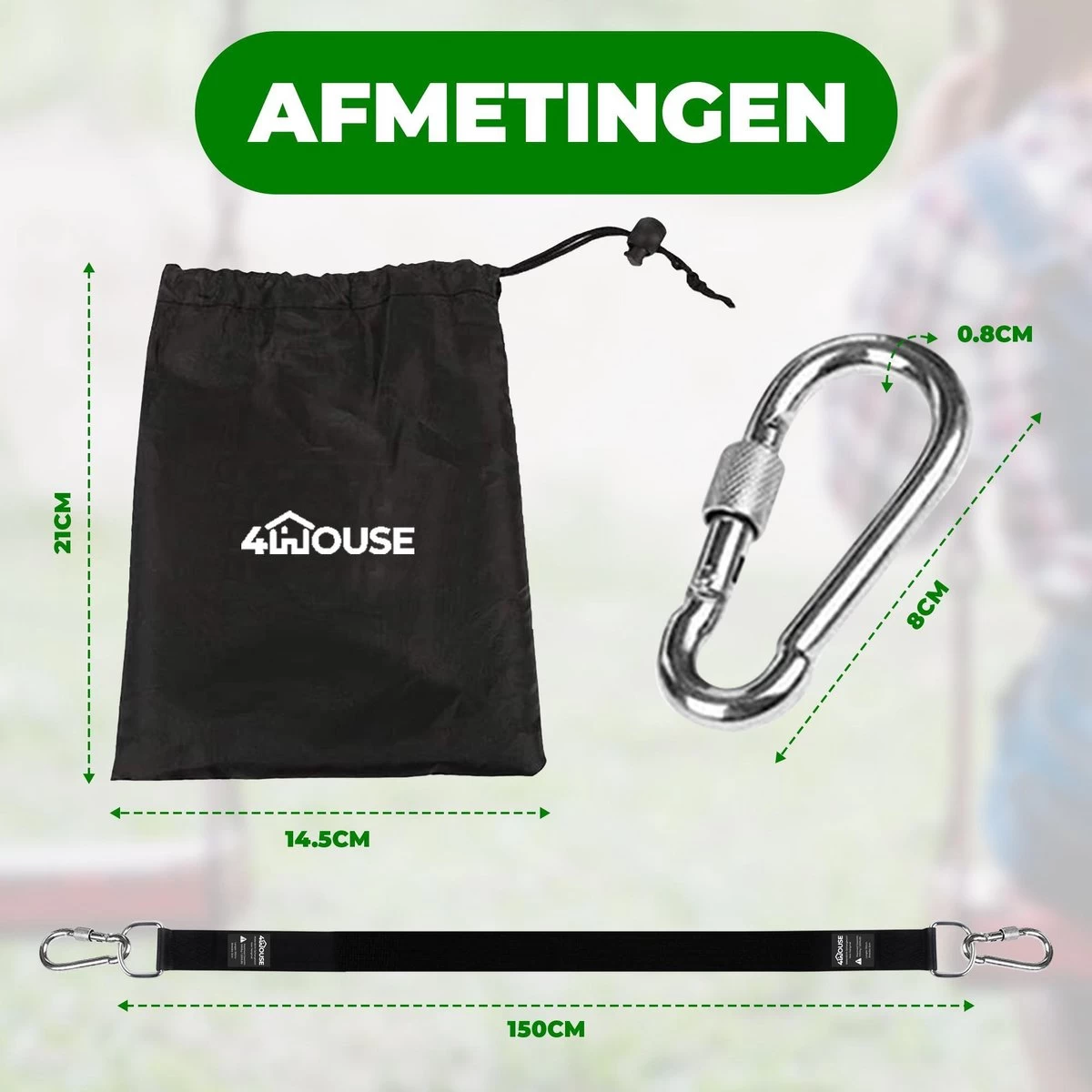 4House Ophang Koord Voor Hangmat, Hangstoel / Schommel - Hangmat Bevestigingsset Inclusief Haken - Karabijnhaak - Hangmat Standaard -Schommelophangset - Hangmat Ophangsysteem -150cm - Tot 1000kg - Boomvriendelijke Hangmat Ophangset - Set Van 2Stuks - Image 3