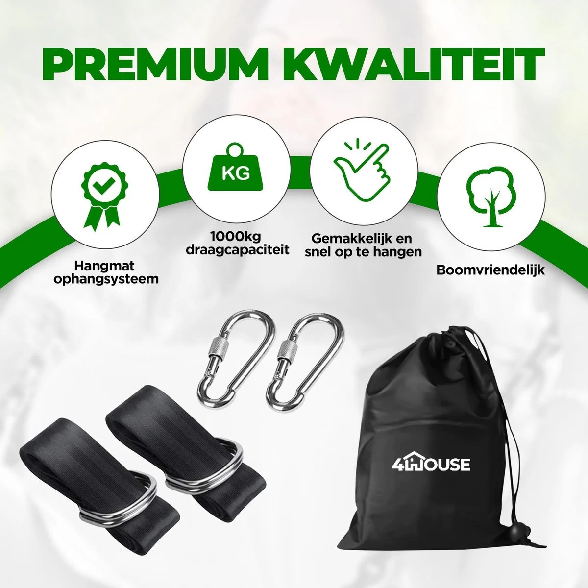 4House Ophang Koord Voor Hangmat, Hangstoel / Schommel - Hangmat Bevestigingsset Inclusief Haken - Karabijnhaak - Hangmat Standaard -Schommelophangset - Hangmat Ophangsysteem -150cm - Tot 1000kg - Boomvriendelijke Hangmat Ophangset - Set Van 2Stuks - Image 7