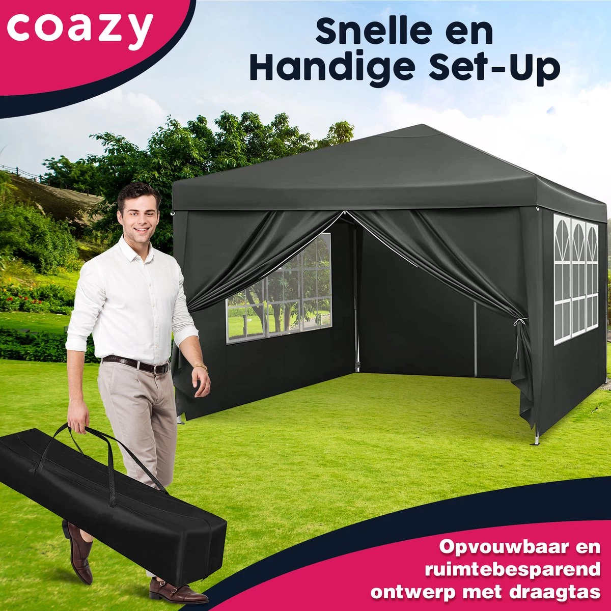 Waterdichte Partytent 3x3 Meter Opvouwbaar Met Zijwanden- Paviljoen Met Zijpanelen - Easy Up - Pop-up Tent Met Haringen, Touw En Anti Slip Poten - Image 6