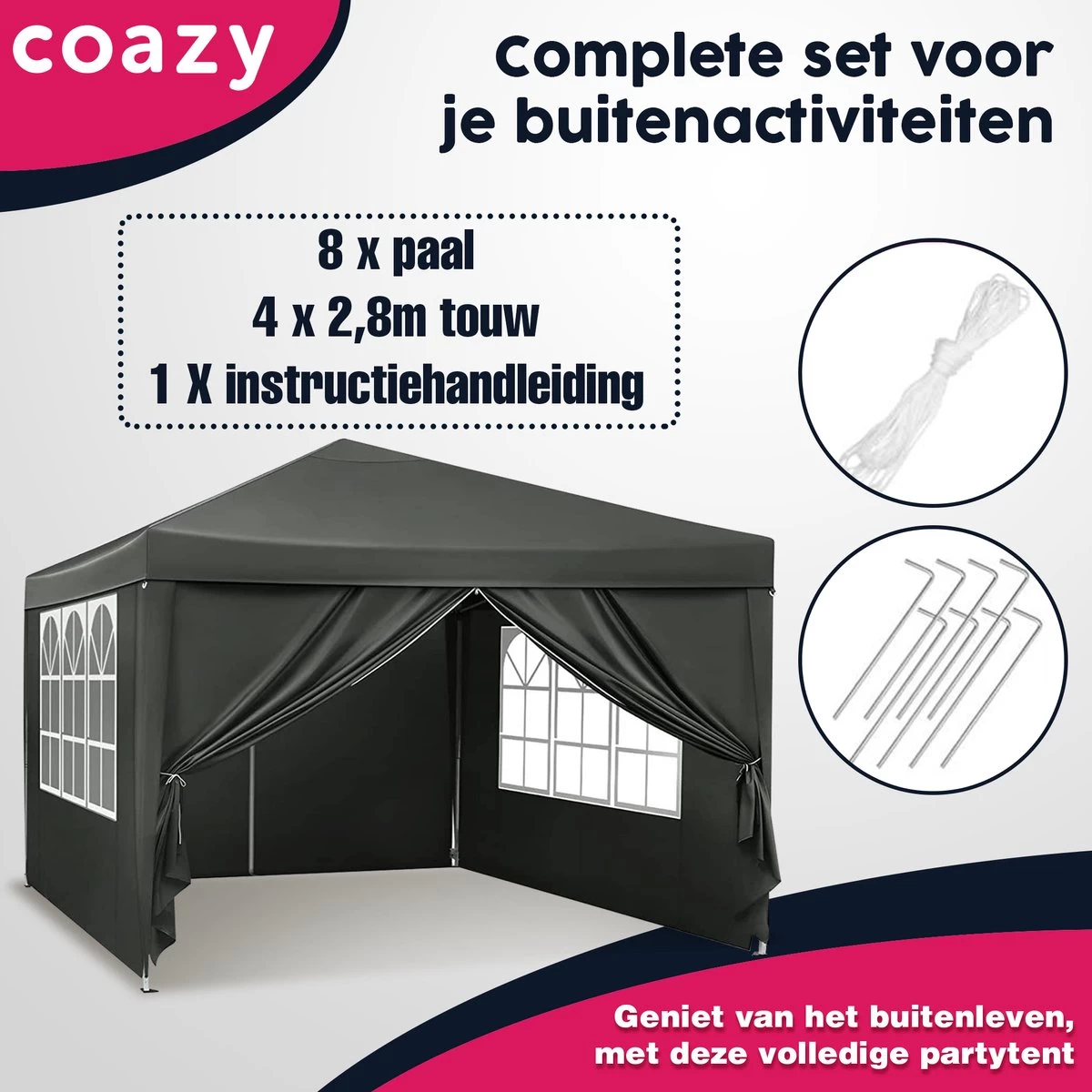 Waterdichte Partytent 3x3 Meter Opvouwbaar Met Zijwanden- Paviljoen Met Zijpanelen - Easy Up - Pop-up Tent Met Haringen, Touw En Anti Slip Poten - Image 7