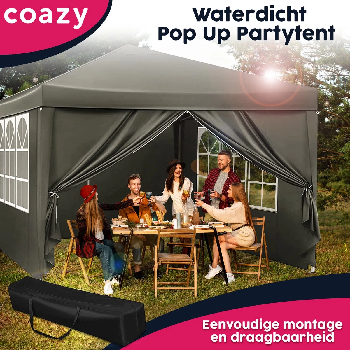 Waterdichte Partytent 3x3 Meter Opvouwbaar Met Zijwanden- Paviljoen Met Zijpanelen - Easy Up - Pop-up Tent Met Haringen, Touw En Anti Slip Poten - Image 8