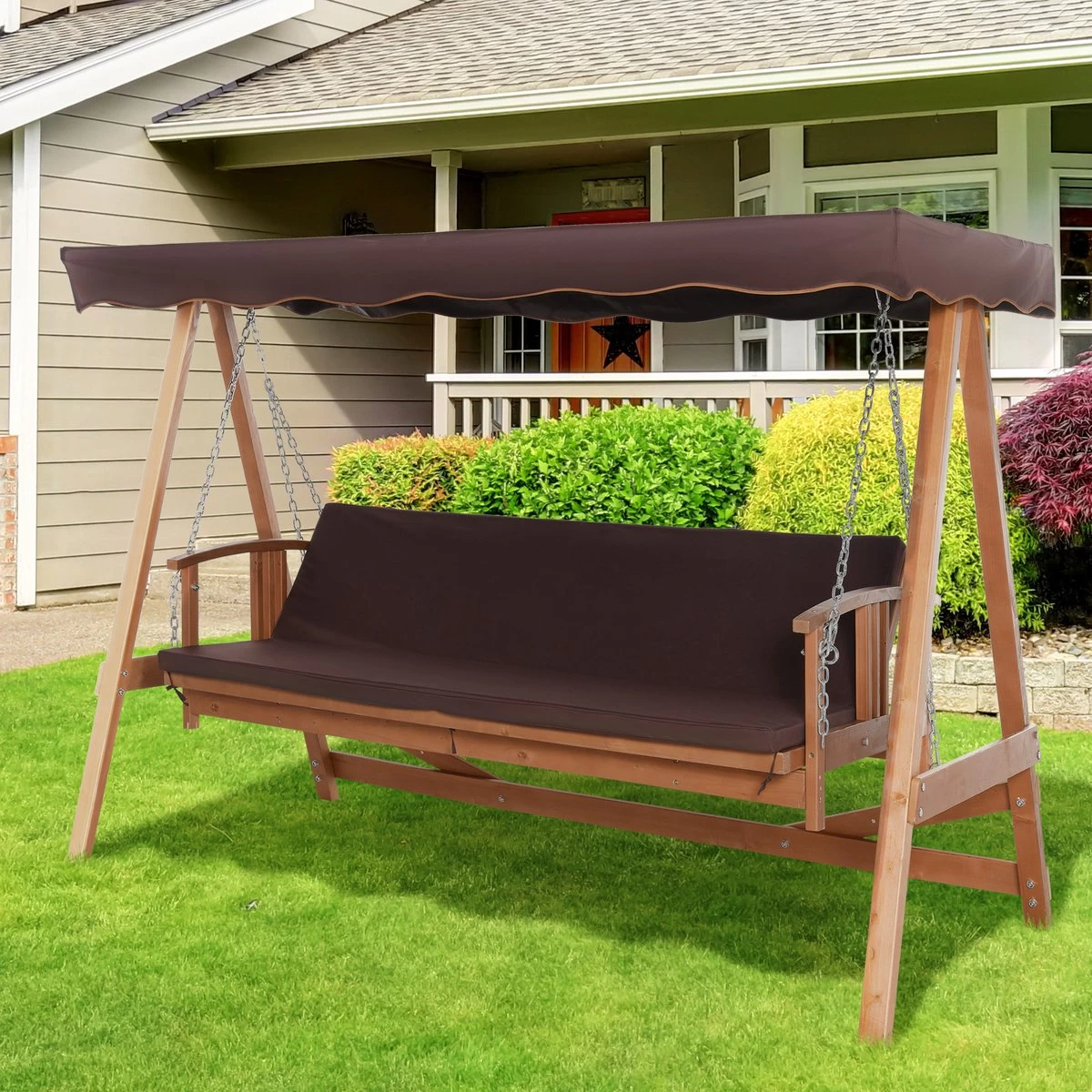 Outsunny Hollywoodschommel Hout Tuinschommel Schommelbank Ligfunctie 3 Personen 84A-185 - Image 7