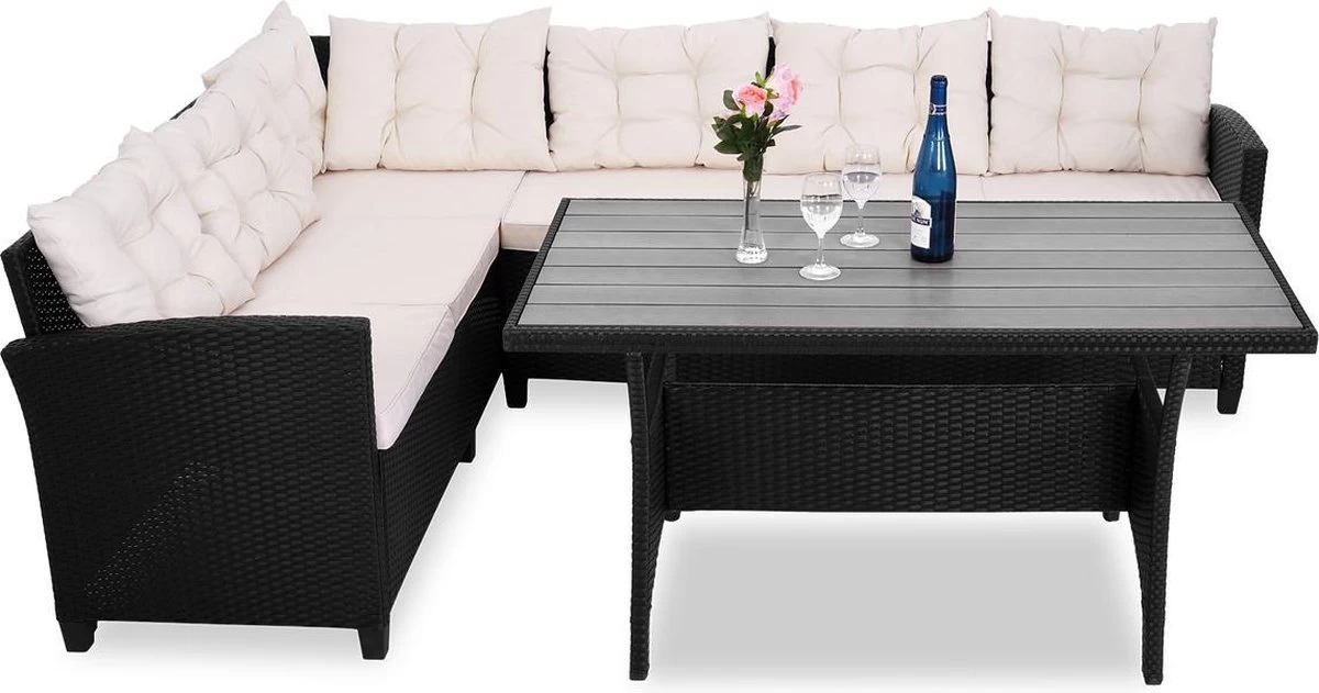 Casaria Polyrattan Tuinset - 15 Delig Voor 6 Personen – Crème Zwart - Image 2