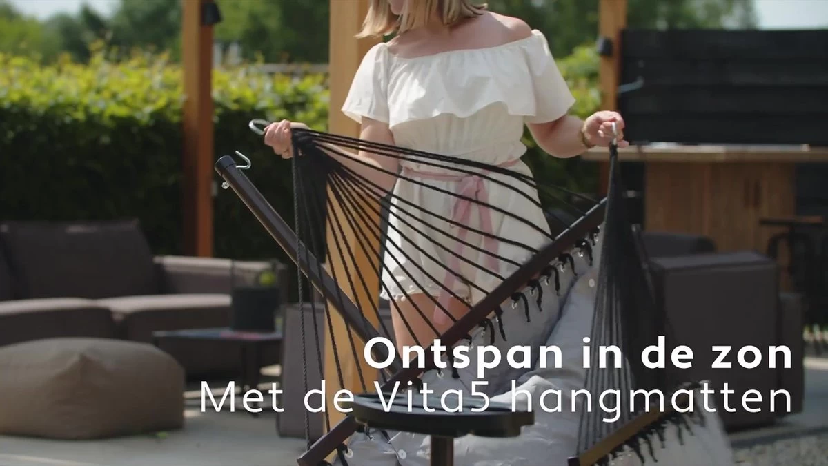 Vita5 Hangmat Met Standaard En Spreidstok – 2 Persoons – Incl. Bekerhouder - Afneembaar Kussen – Uv-bestendig – Beige - Image 2