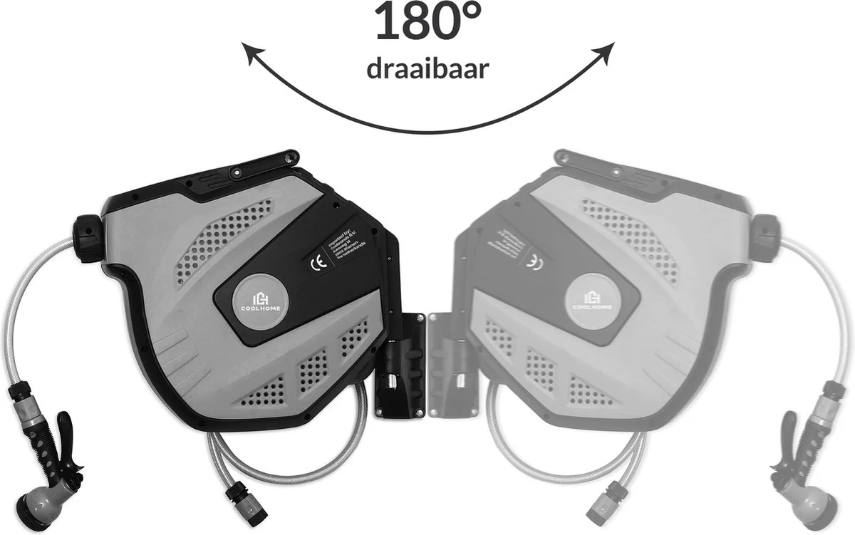 CoolHome - Wandslangenbox 20 Meter + 2 Meter - Tuinslang Met Haspel- Slangenhouder 180° Draaibaar - Tuinslanghaspel Zwart - Grijs - Image 4