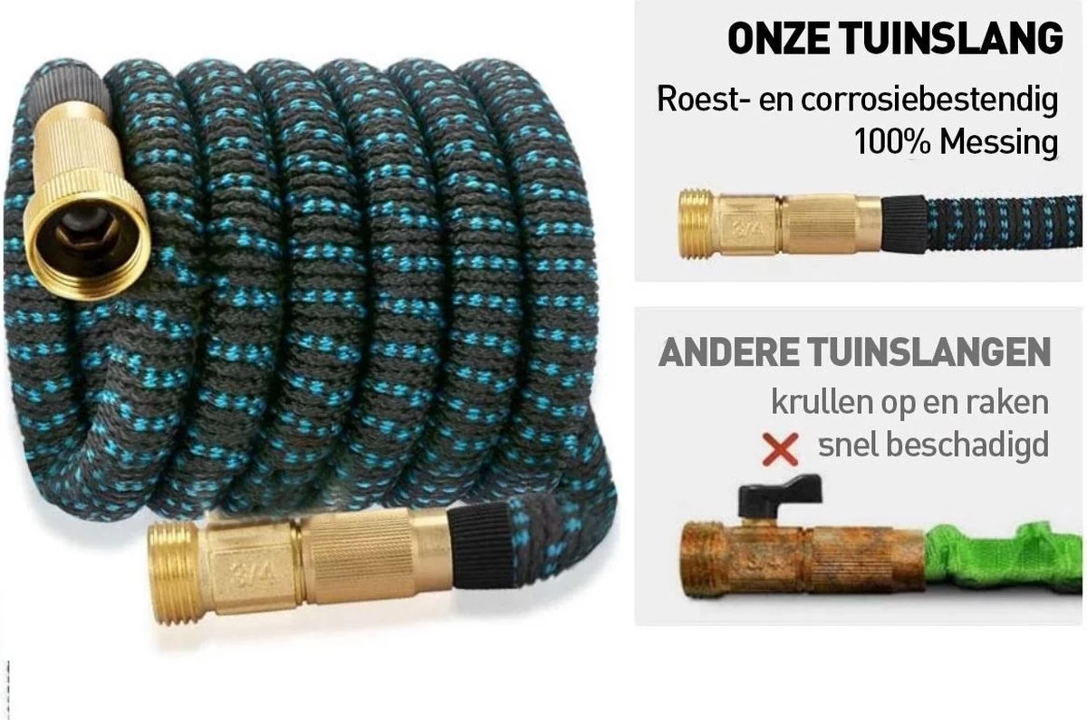 J.E Super Sterk Uitrekbare Tuinslang Tot 30 Meter + GRATIS Tas, Ophanghaak En Koppelstuk - 10 Standen Sproeikop - Blauw/Zwart - Flexibel Elastisch - Image 4