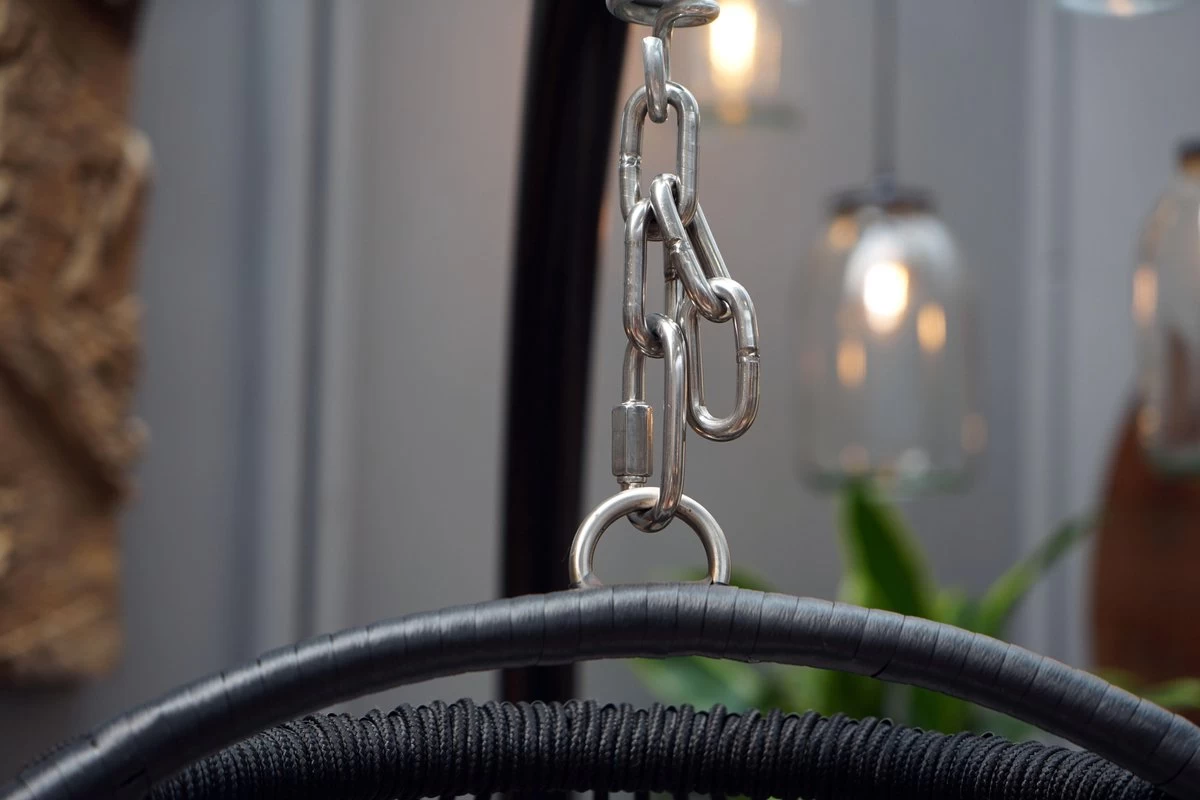 Merkloos Hangstoel Norway - Zwart Wicker & Touw Luxe Egg Hangstoel Met Dikke Antraciete Kussens Met Frame - Inklapbare Basket - Image 5