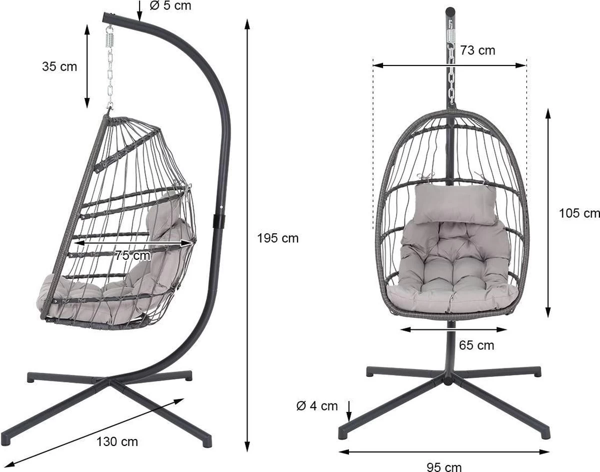 Pro Garden Lowander Hangstoel Egg 191x126x126- Schommelstoel Met Rattan Cocoon En Robuust Stalen Standaard Incl. Kussens - Volledig Inklapbaar - Lichtgrijs - Image 13