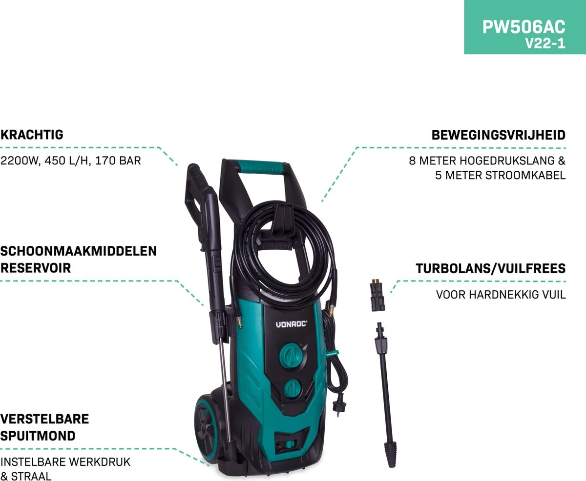 VONROC Hogedrukreiniger V22-1 2200W – 170 Bar – 450 L/h – Incl. 8m Slang, Reinigingsmiddelen Tank, Spuitstukken En Accessoires - Image 3