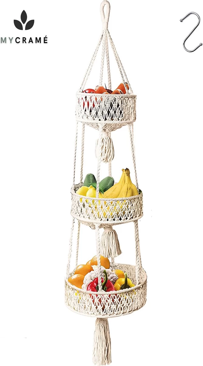 Macramé 3-Laags Hangende Fruitmand - Bohemian Mand Plantenhanger - Handgemaakt Katoen Touw Fruitschaal Hangmand - Boho Ophangbaar Etagere - Decoratieve Fruit Schaal/Basket - Opbergmand Organizer - Keuken/Balkon Decoratie - Hangpot Voor Binnen/Buiten