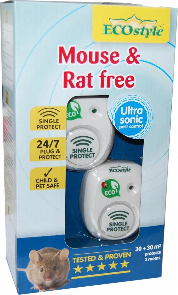 ECOstyle Mouse & Rat Free Tegen Muizen En Ratten - Ecologisch, Vriendelijk & Hyienisch - Veilig Voor Kinderen En Huisdieren - 30 + 30 M² - Voor 2 Kamers