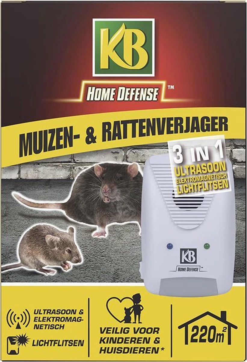 KB Home Defense Ratten- En Muizenverjager - Elektromagnetisch / Ultrasoon / Lichtflits - 220m2 Bereik - Diervriendelijk - Ongedierte Verjager