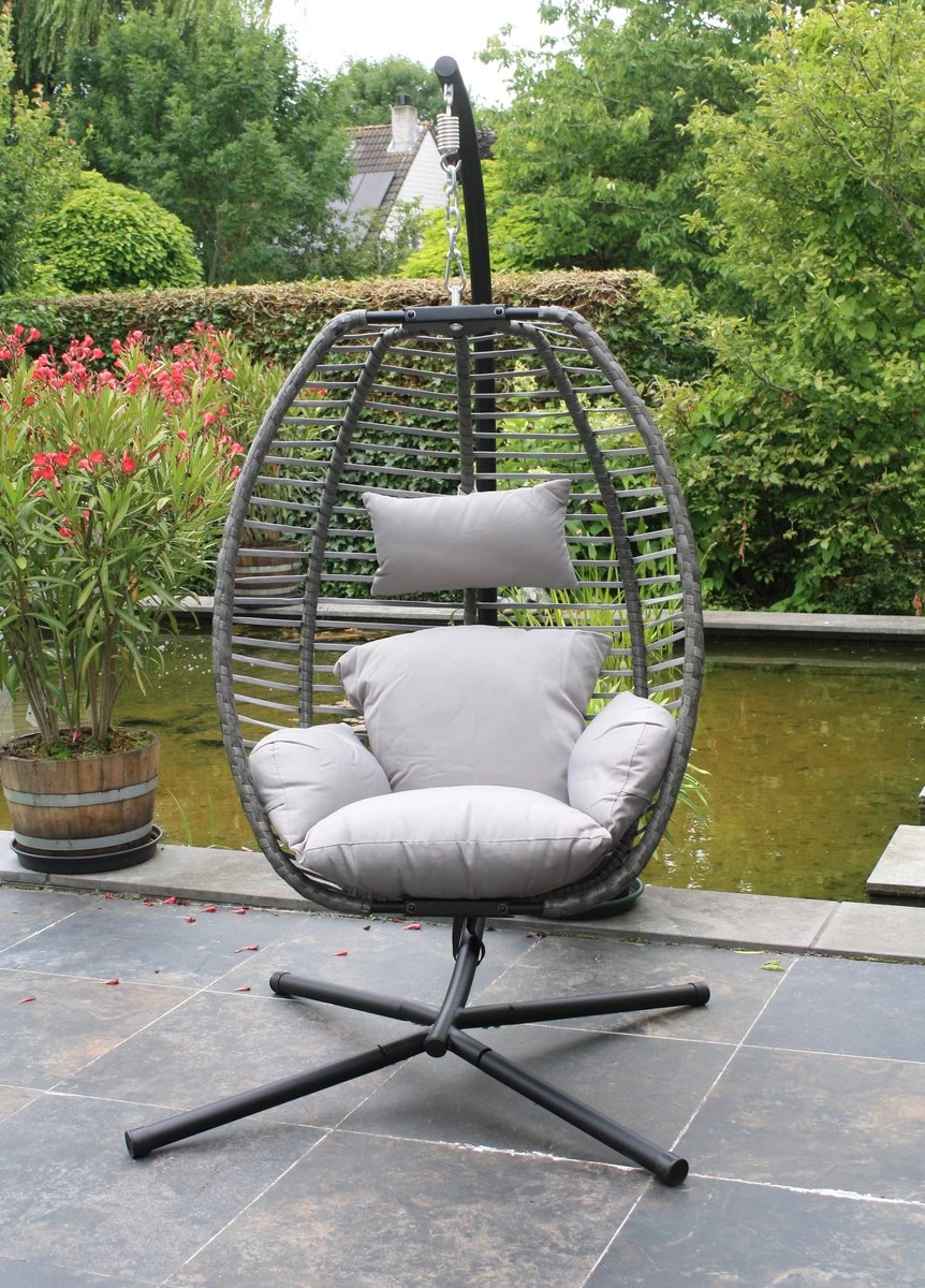 Pro Garden Lowander Hangstoel Egg 191x126x126- Schommelstoel Met Rattan Cocoon En Robuust Stalen Standaard Incl. Kussens - Volledig Inklapbaar - Lichtgrijs - Image 5