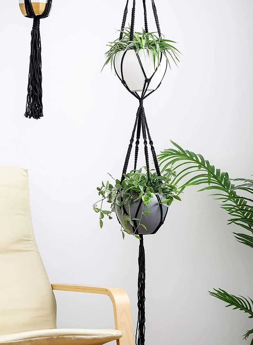 4 Stuks Luxe Macrame Plantenhangers - Boho Handgeweven Katoen Hangpot Voor Binnen/Buiten - Hangende Bloempot Met Kralen - Macramé Touw/Koord Hangplant Houder - Bohemian Wandhanger Decoratie - Plant Hanger - Verticale Tuin Bloempothouder Planthanger - Image 5