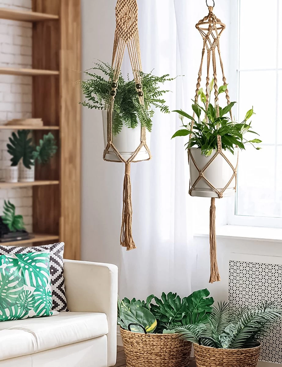 5 Stuks Jute Macrame Plantenhangers - Boho Handgeweven Katoen Hangpot Voor Binnen/Buiten - Hangende Bloempot Met Kralen - Macramé Touw/Koord Hangplant Houder - Bohemian Wandhanger Decoratie - Plant Hanger - Verticale Tuin Bloempothouder Planthanger - Image 3