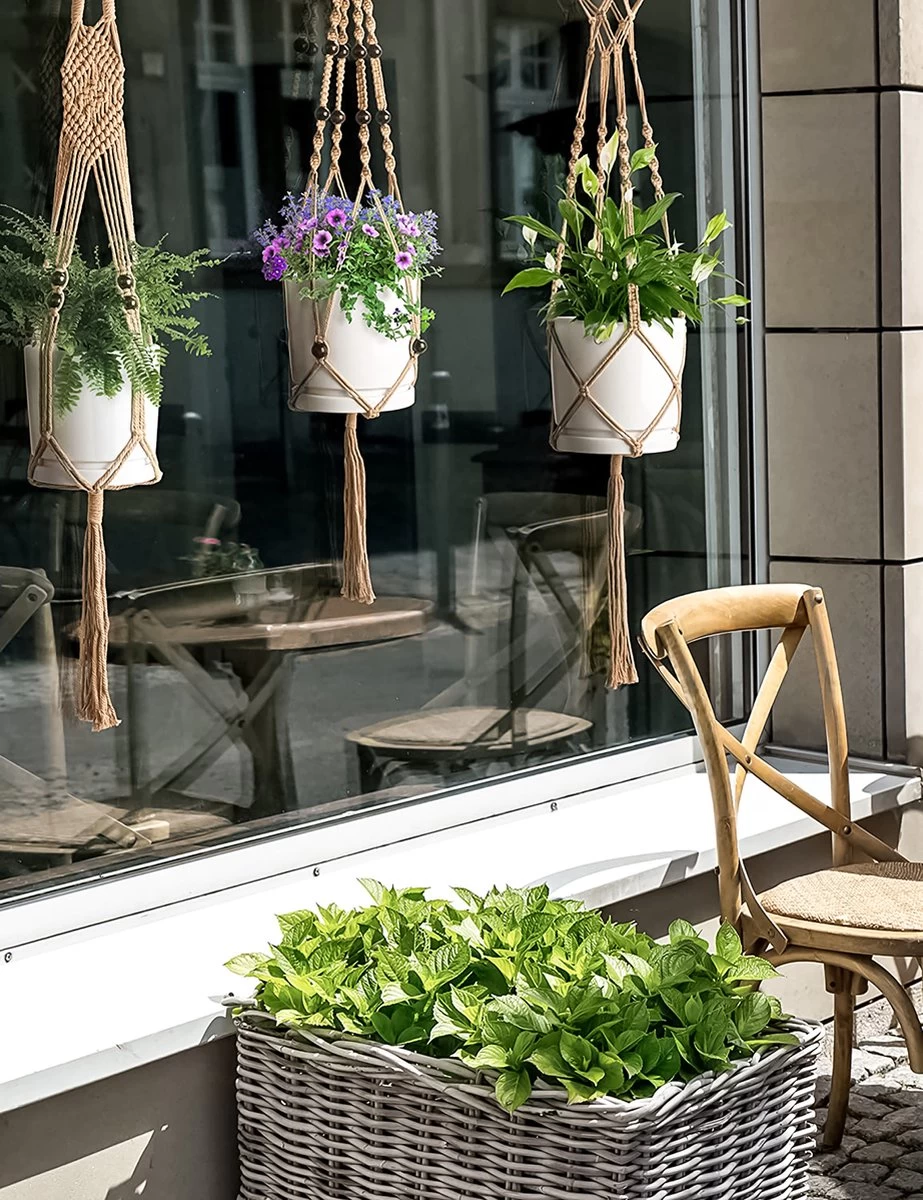 5 Stuks Jute Macrame Plantenhangers - Boho Handgeweven Katoen Hangpot Voor Binnen/Buiten - Hangende Bloempot Met Kralen - Macramé Touw/Koord Hangplant Houder - Bohemian Wandhanger Decoratie - Plant Hanger - Verticale Tuin Bloempothouder Planthanger - Image 5