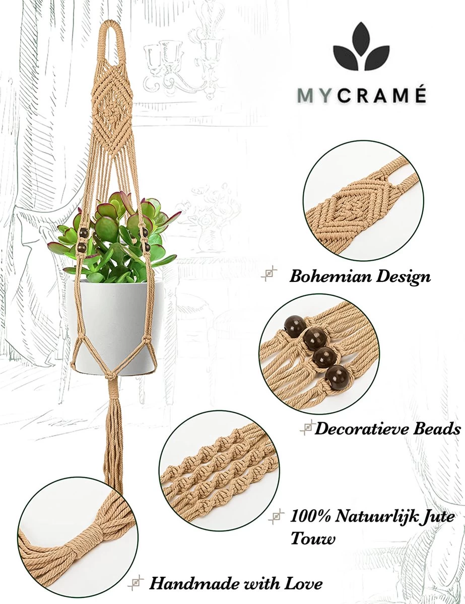 5 Stuks Jute Macrame Plantenhangers - Boho Handgeweven Katoen Hangpot Voor Binnen/Buiten - Hangende Bloempot Met Kralen - Macramé Touw/Koord Hangplant Houder - Bohemian Wandhanger Decoratie - Plant Hanger - Verticale Tuin Bloempothouder Planthanger - Image 6