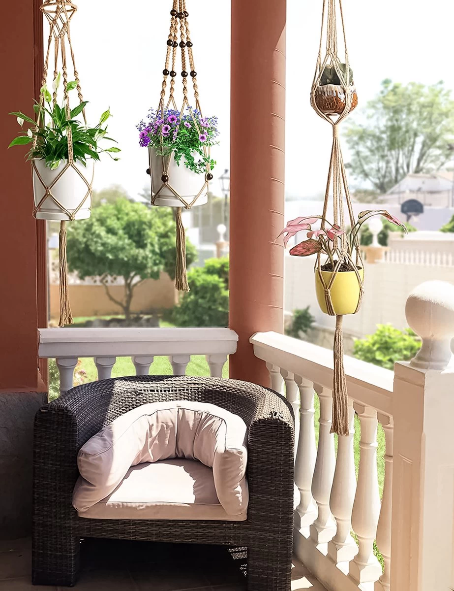 5 Stuks Jute Macrame Plantenhangers - Boho Handgeweven Katoen Hangpot Voor Binnen/Buiten - Hangende Bloempot Met Kralen - Macramé Touw/Koord Hangplant Houder - Bohemian Wandhanger Decoratie - Plant Hanger - Verticale Tuin Bloempothouder Planthanger - Image 2